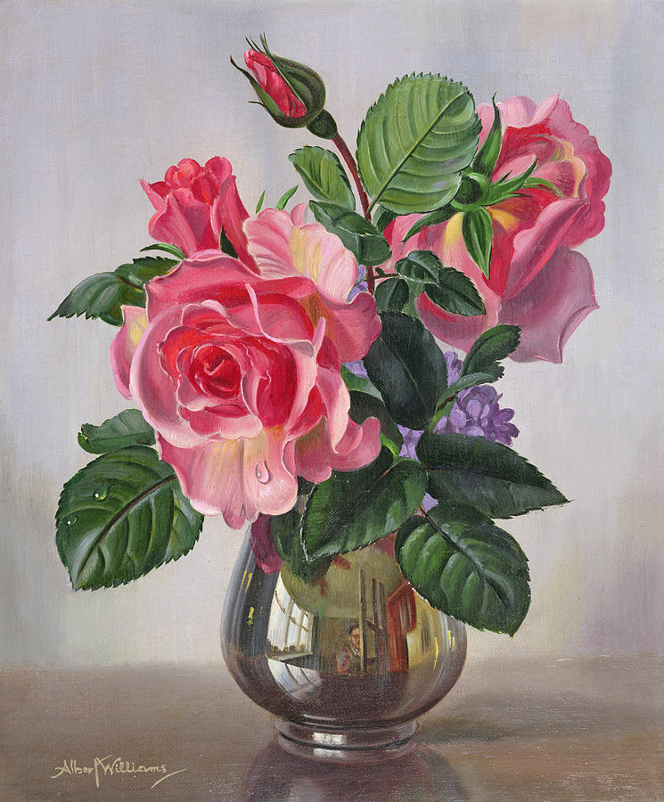 745x900 Lady Sylvia Roses In A Silver Vase Painting By Albert Williams - Painting Of Roses In A Vase