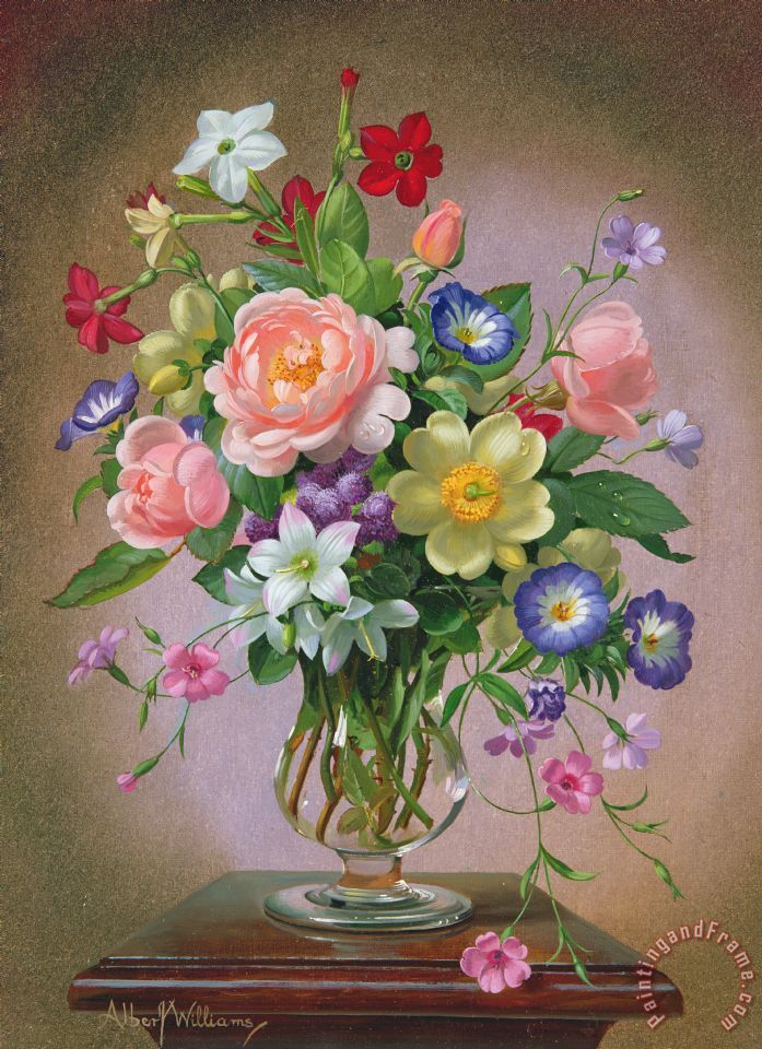 697x960 Albert Williams Roses Peonies And Freesias In A Glass Vase - Painting Of Roses In A Vase