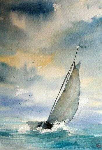 350x517 Sailboat In Watercolor Painting And Other 2d Art - Painting Of Sailboats