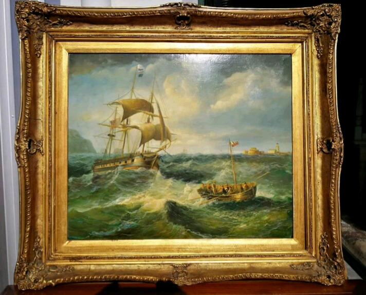 712x575 Marvelous Antique Oil Painting Of Ship With Sails By K.james - Painting Of Ship