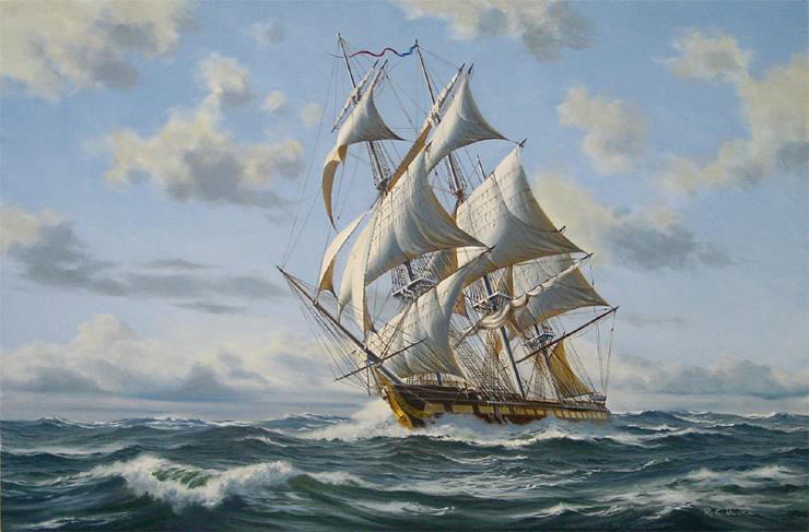 740x487 Oil Painting Of The Uss Constitution By Richard Moore - Painting Of Ship