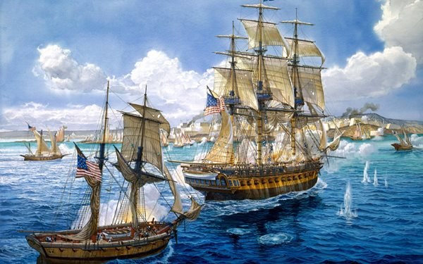 600x375 Art Battle Sea Painting Ships Navy Guns Military Ship Living Room - Painting Of Ships At Sea