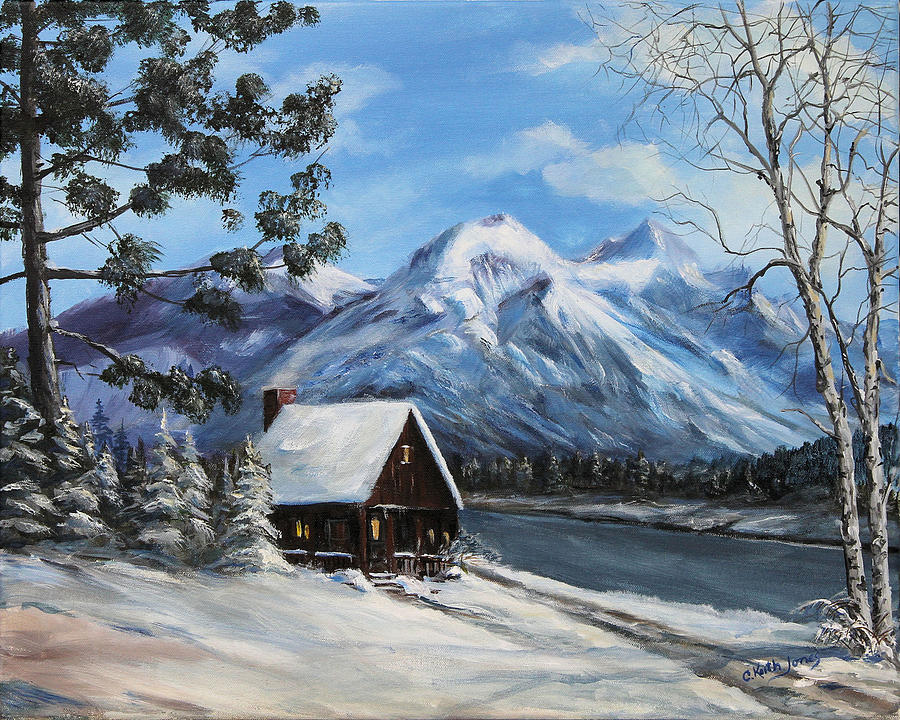 900x720 Snowy Mountain Cabin Painting By C Keith Jones - Painting Of Snowy Mountains