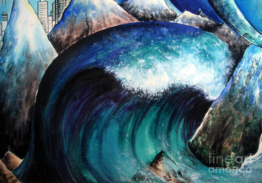 900x629 Tsunami And Mountains. Surreal Art Painting By Sofia Metal Queen - Painting Of Tsunami