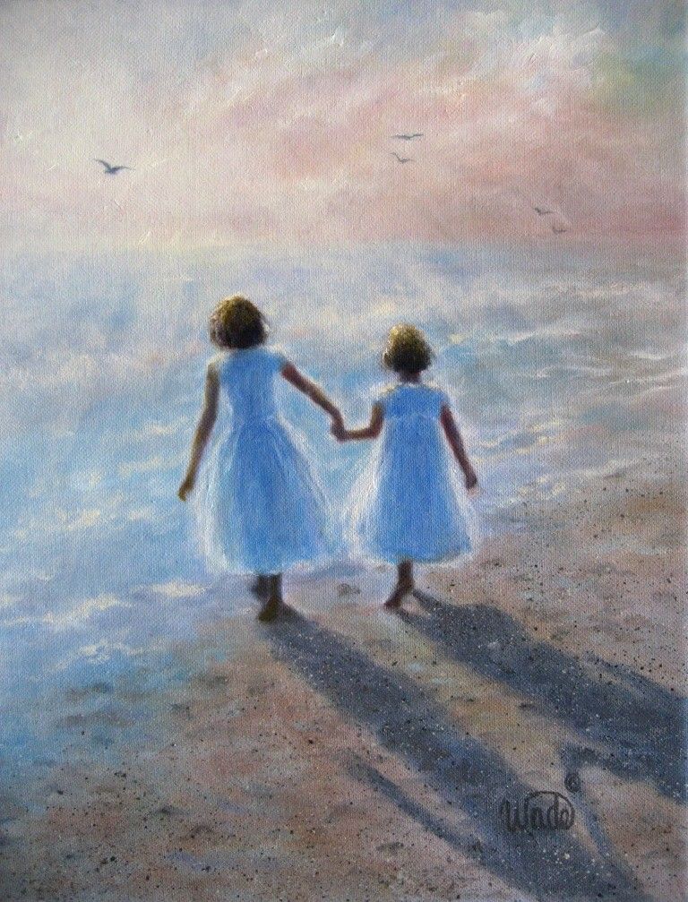 768x1007 Two Beach Sisters Art Print, Two Girls Beach Children Ocean - Painting Of Two Sisters