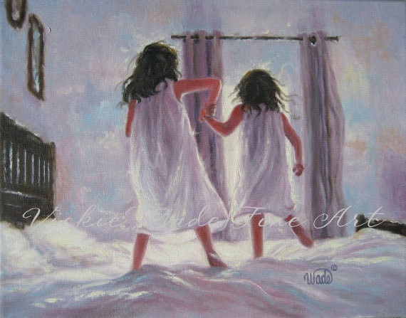 570x447 Two Sisters Jumping On The Bed Art Print Girls Bedroom Pink - Painting Of Two Sisters