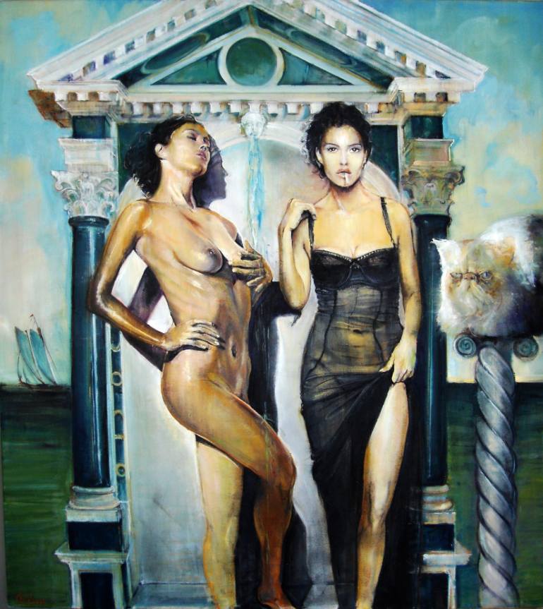 770x863 Saatchi Art Two Women And A Cat Painting By Marco Ortolan - Painting Of Two Women