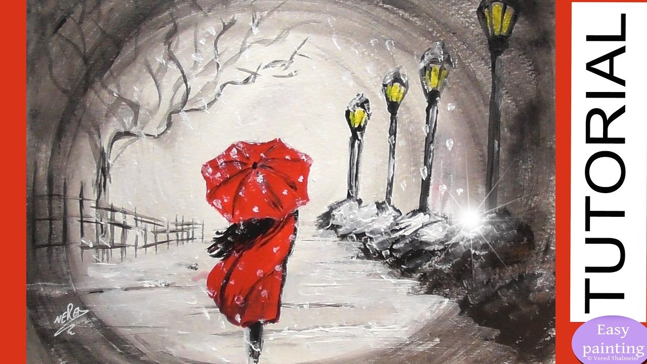 1280x720 How To Paint Woman Red Umbrella In The Snow. Red Dress Painting - Painting Of Umbrellas In The Rain