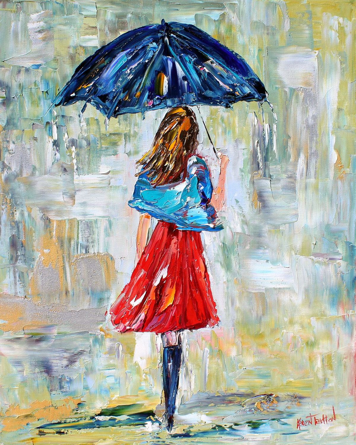 1200x1500 Original Oil Painting Umbrella Rain Dance Modern Impressionism - Painting Of Umbrellas In The Rain