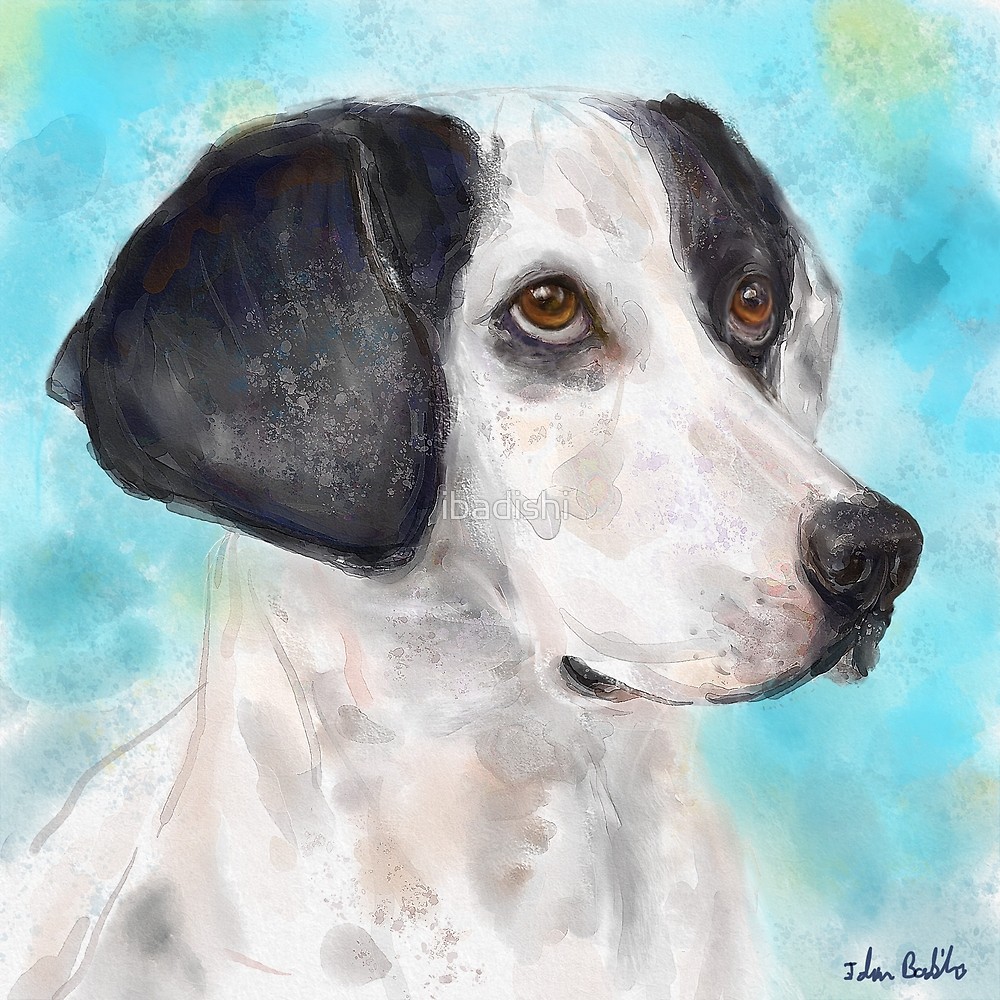 1000x1000 Watercolor Painting Of A Black And White Dog On Light Blue - Painting Of White Dog