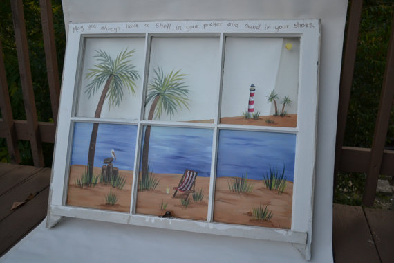 570x380 Old Windowhand Painted Windoweach Scene Window Shabby Chic - Painting Of Window Scene