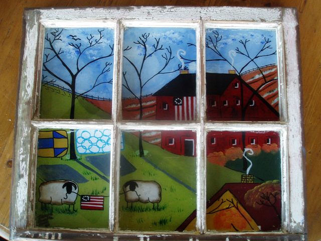 640x480 Vermont Folk Art Paintings On Old Restored Windows, Reverse Folk - Painting Of Windows