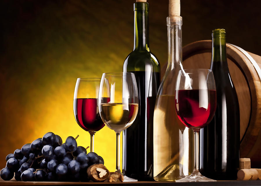 900x642 Hdr Style Wine Glasses Bottle Cask And Grapes Painting By Elaine - Painting Of Wine
