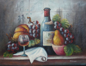 300x233 Oil Painting Of Assorted Fruits And A Bottle Of Wine On The Table - Painting Of Wine