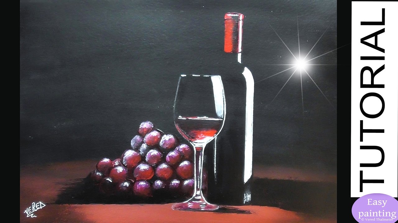 1280x720 How To Paint Glass Of Red Wine, A Bottle Amp Red Grapes. Step By - Painting Of Wine Glass