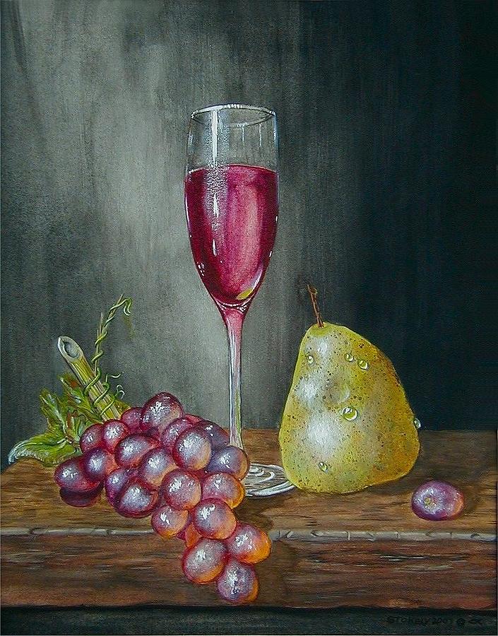 705x900 Wineglass Grapes And A Pear Painting By Terry Stokely - Painting Of Wine Glass