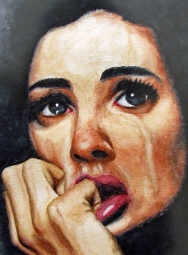 377x512 Original Portrait Woman Crying Watercolor - Painting Of Woman Crying