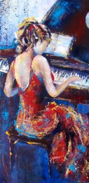 Painting Of Woman In Red Dress Playing Piano
