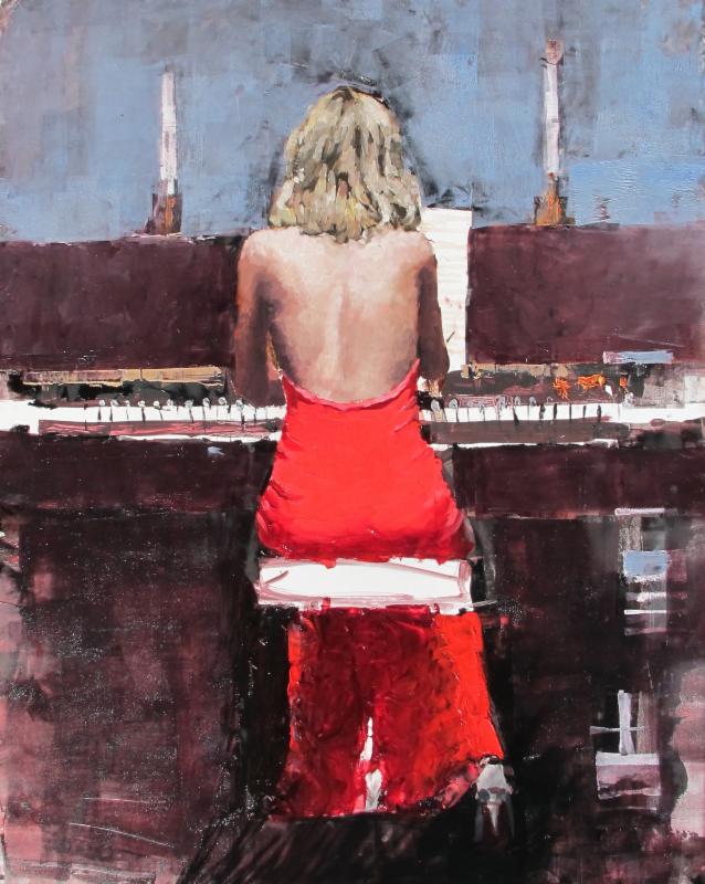 638x800 Narrative Figurative Paintings - Painting Of Woman In Red Dress Playing Piano