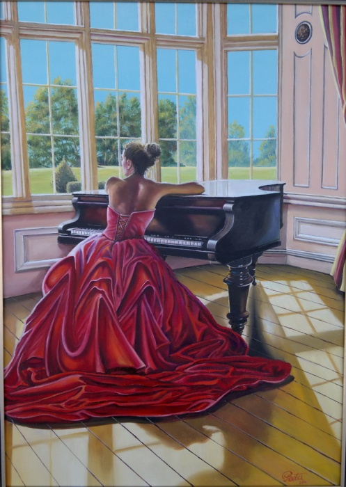 497x700 Piano, Oil On Canvas, Milovanovic Pedja Art For Sale - Painting Of Woman In Red Dress Playing Piano