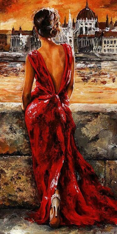 375x750 Elegant Dresses - Painting Of Woman In Red Dress Playing Piano