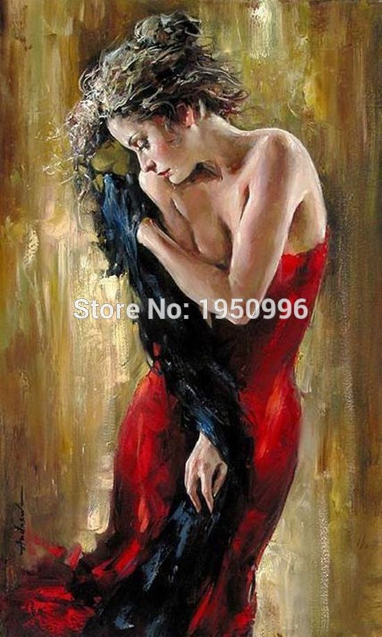 550x918 Dress Flamenco Dancer Oil Painting On Canvas Beautiful Lady Large - Painting Of Woman In Red Dress Playing Piano
