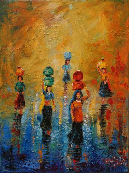 450x600 Original Oil Painting Women Carrying Water By Poonam Southey - Painting Of Woman In Water