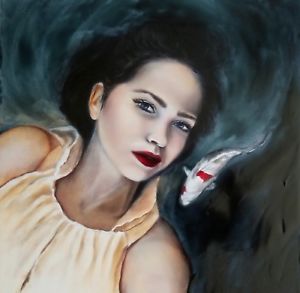 300x293 Original Oil Painting Of A Beautiful Woman In Water With Fish, Yin - Painting Of Woman In Water