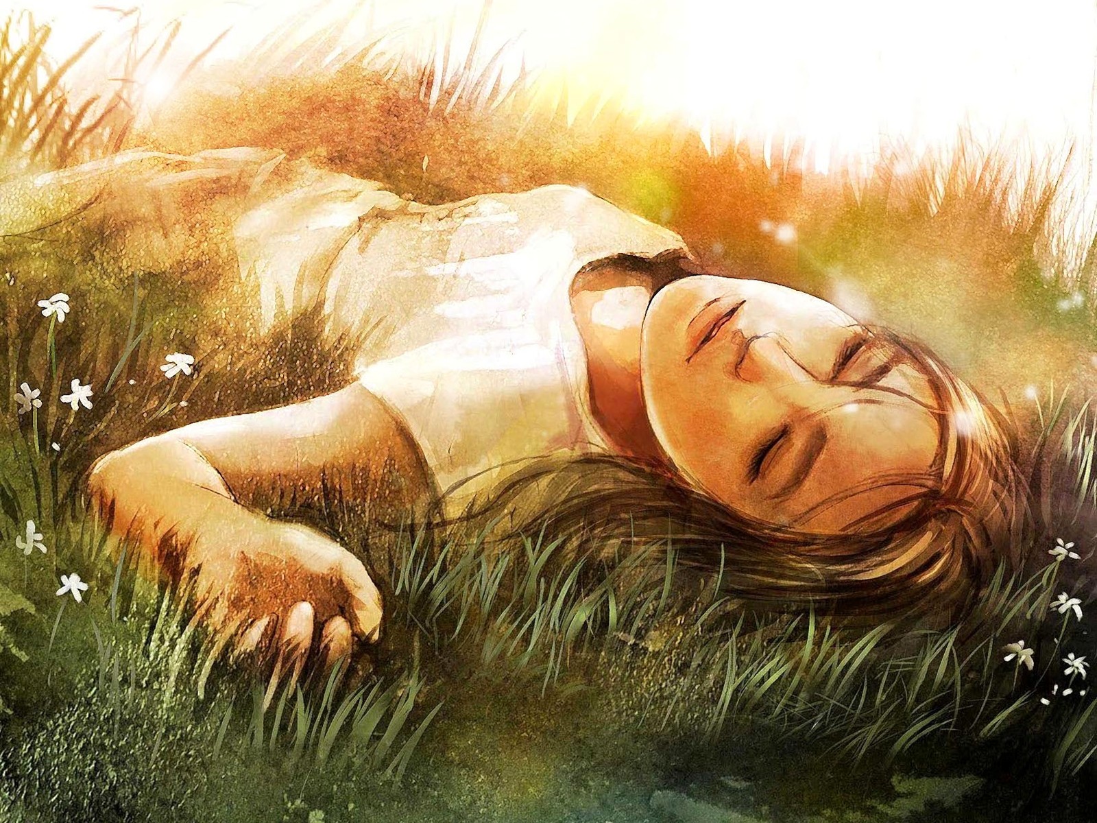 1600x1200 Women, Paintings, Grass, Lying Down, Artwork, Closed Eyes, Girls - Painting Of Woman Lying Down