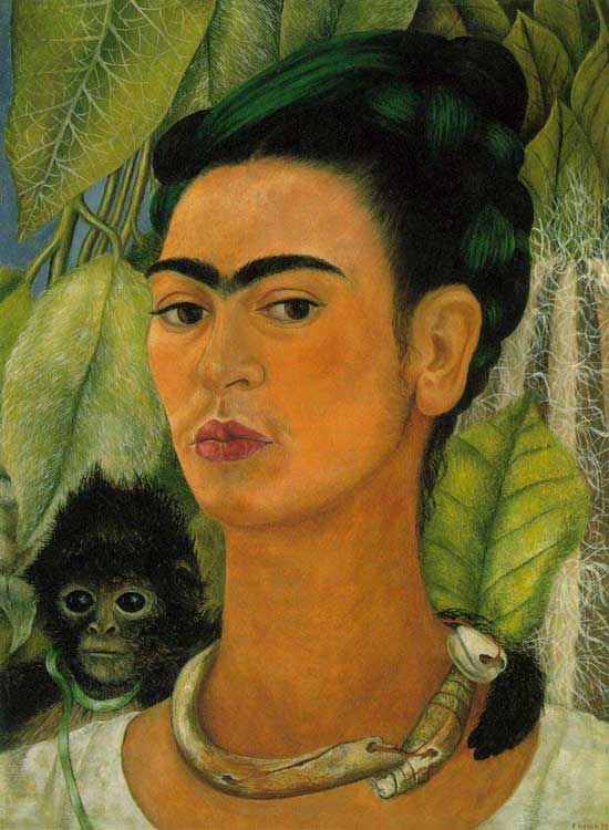 550x750 Self Portrait With Monkey, 1938 By Frida Kahlo - Painting Of Woman With Unibrow