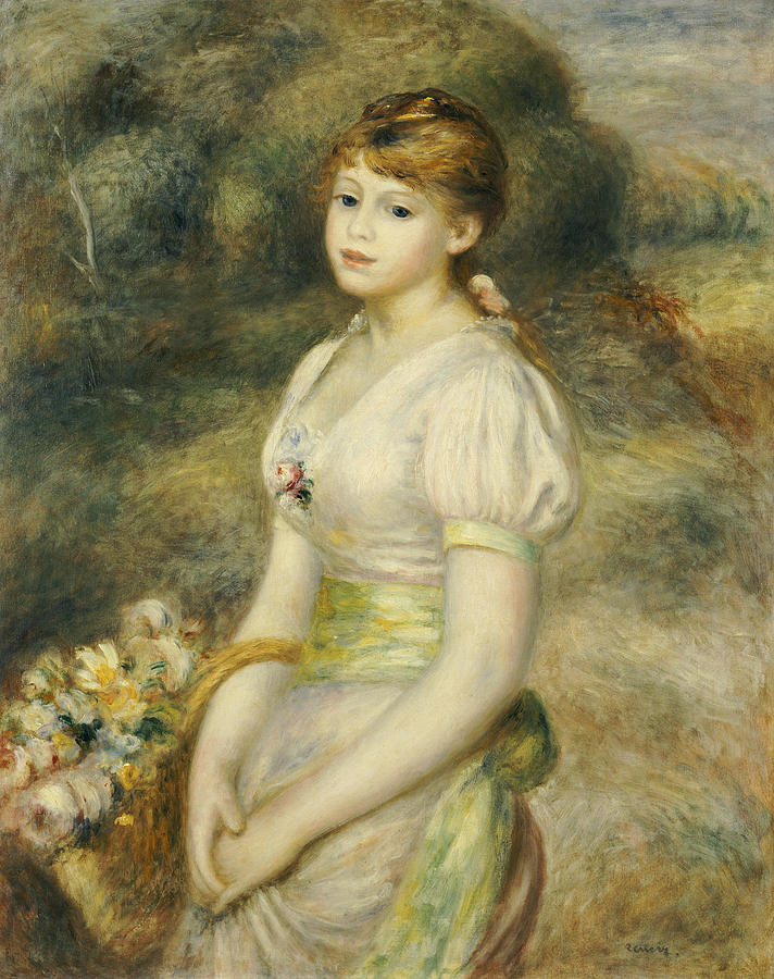 712x900 Young Girl With A Basket Of Flowers Painting By Pierre Auguste Renoir - Painting Of Young Girl