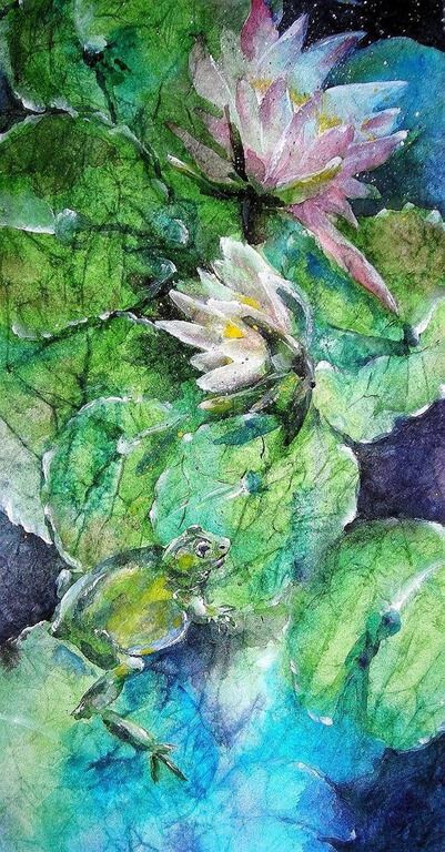 401x768 The Frog And The Dragonfly, Watercolor On Masa Paper Lilypads - Painting On Masa Paper
