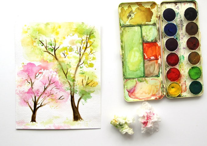 680x481 Spring Trees Watercolor Painting With Crumbled Paper! - Painting On Parchment Paper