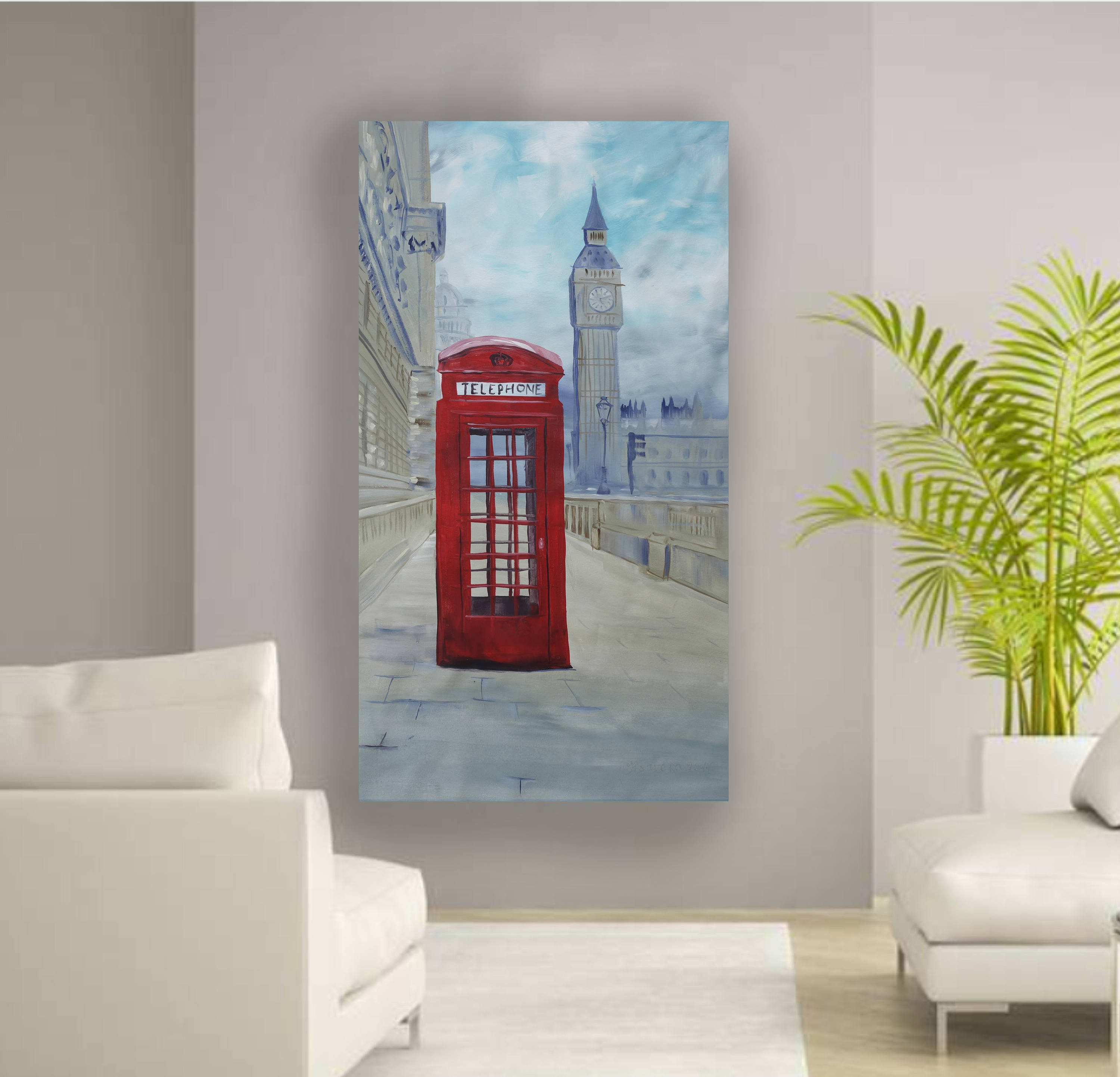 3000x2884 Red Telephone Box London Palace Of Westminster 90x160 Cm S051 - Painting On Unstretched Canvas