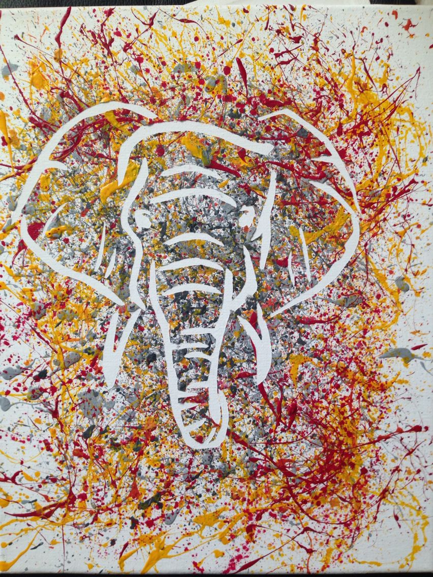 852x1136 Elephant Relief Splatter Painting. Outline Elephant Cut Out - Painting Over Canvas Photo