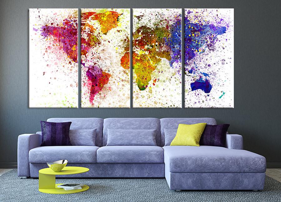 900x647 Paint Splashes Over World Map Silhouette Canvas Print 4 Panel - Painting Over Photographs On Canvas