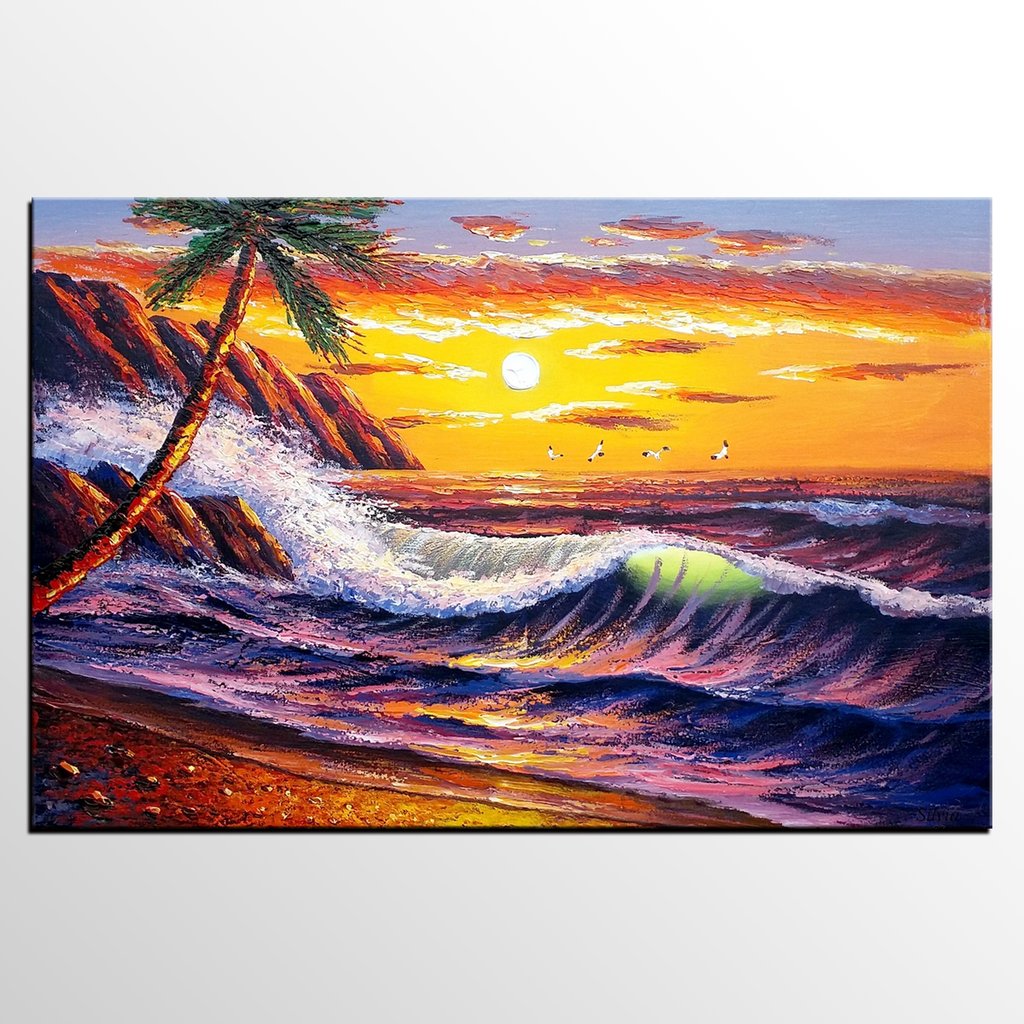 1024x1024 Beach Painting, Landscape Painting, Large Wall Art, Canvas Art - Painting Palm Beach