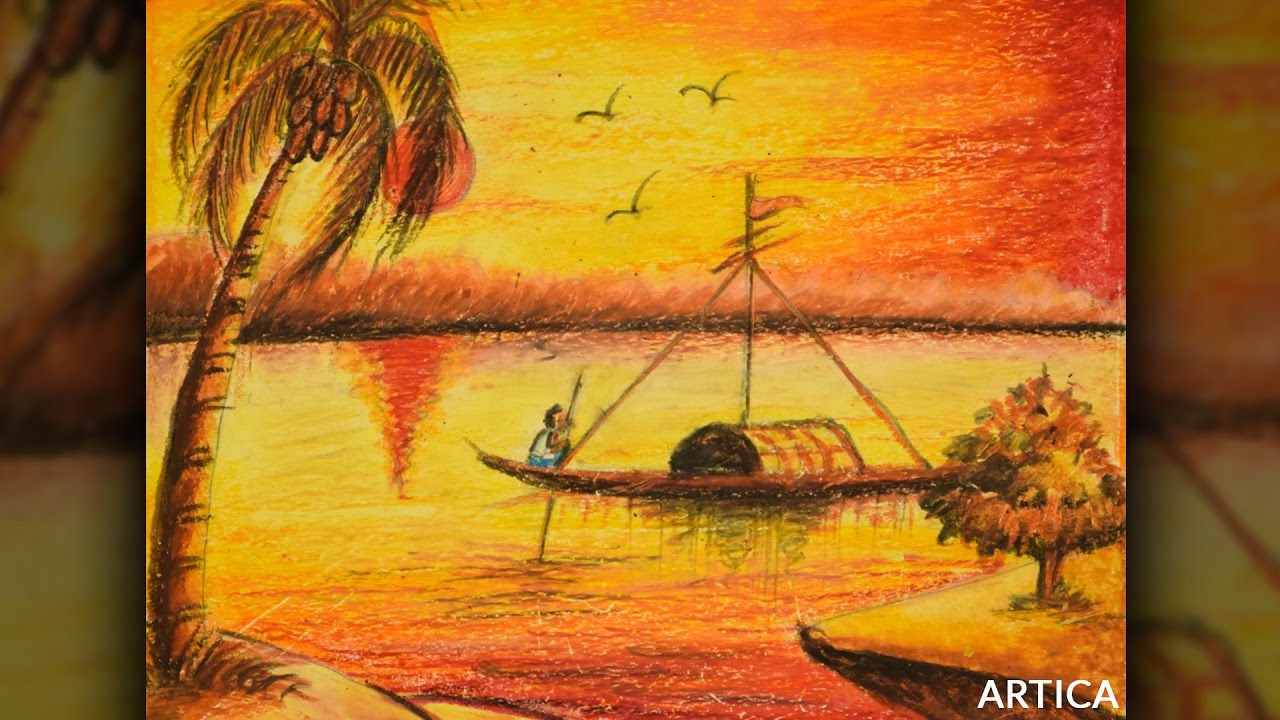 1280x720 How To Paint Sunset Scenery With Oil Pastel - Painting Pastel Colors