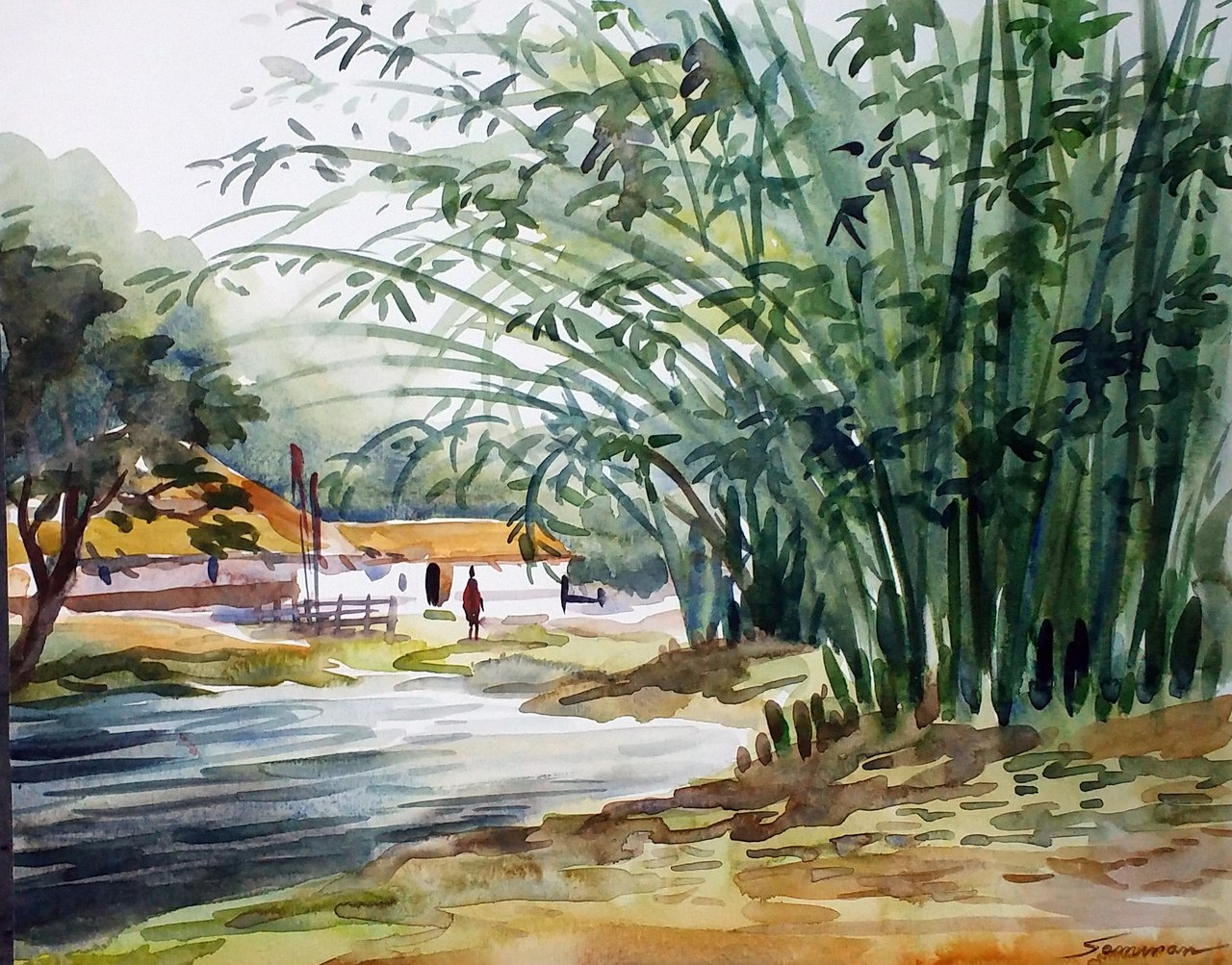 1280x1003 Buy Morning Village Handmade Painting By Samiran Sarkar. Code - Painting Pictures