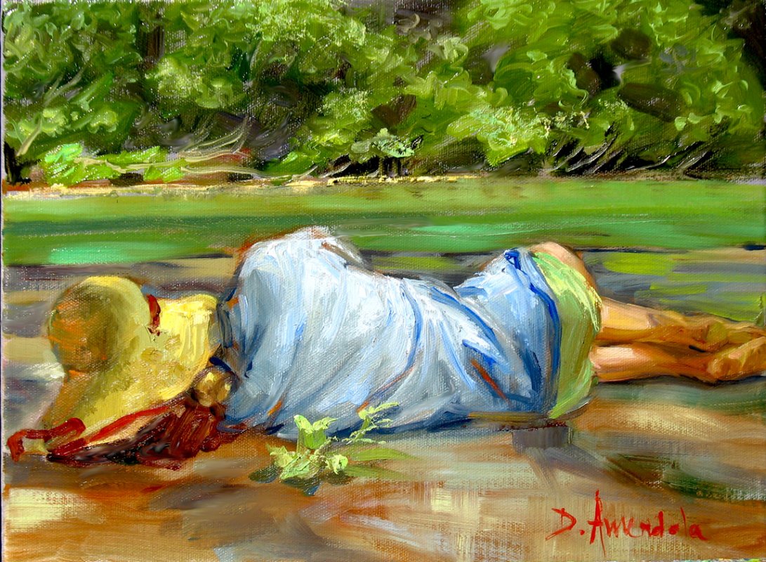 1091x800 Nap Time, Oil Painting, Figures Painting, Nature, Green, Water - Painting Pictures Of Nature