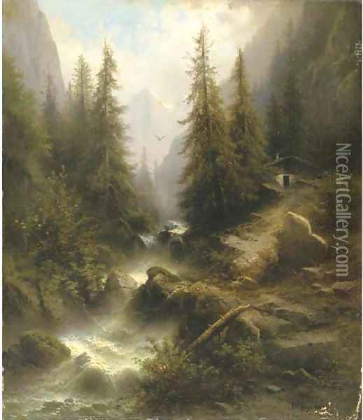 519x600 Waterfall Cascading Amongst Pine Trees In The Alps Oil Painting - Painting Pine