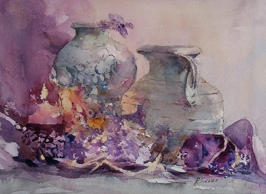 900x657 Pitchers And Lavender Painting By Rose Sinatra - Painting Pitchers