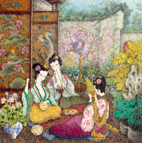 500x504 Free Shipping Classical Chinese Ancient Women Music Oil Painting - Painting Prints