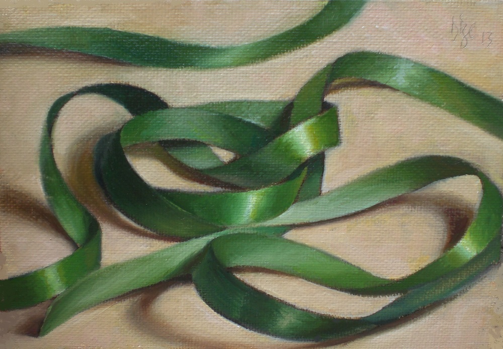 1000x694 Debbie's Art Space Green Ribbon Oil On 5x7 Canvas Board - Painting Ribbon
