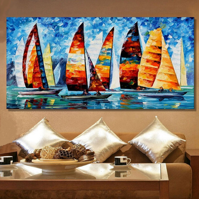 640x640 Home Decor Wall Art Picture Hand Painted Abstract Colorful - Painting Sailboats In Acrylic
