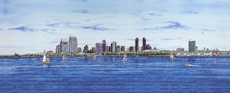 900x365 San Diego Skyline Painting By John Yato - Painting San Diego