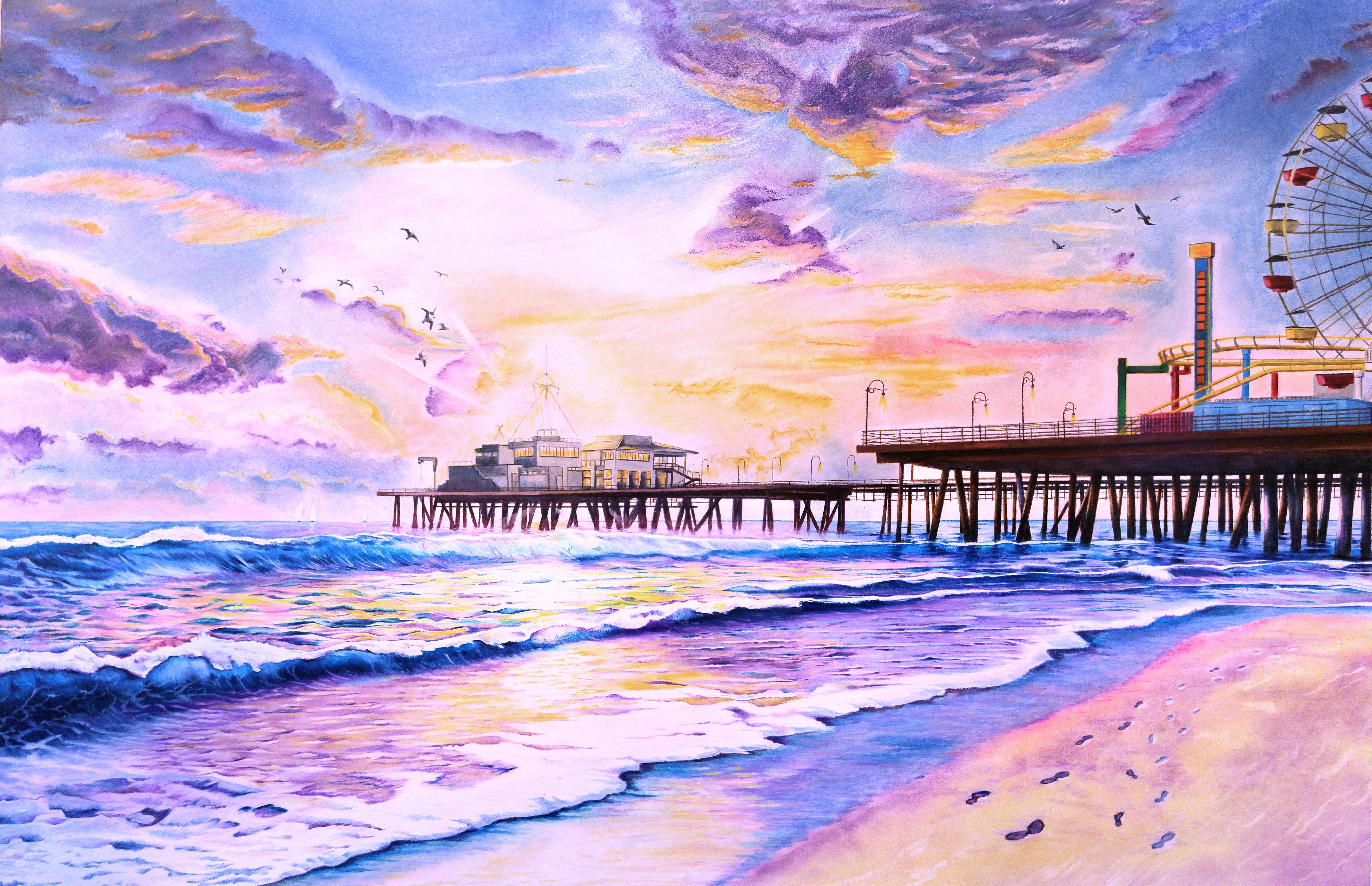 7706x4976 Sunset By The Santa Monica Pier, Soft Pastel Amp Color Pencils - Painting Santa Monica