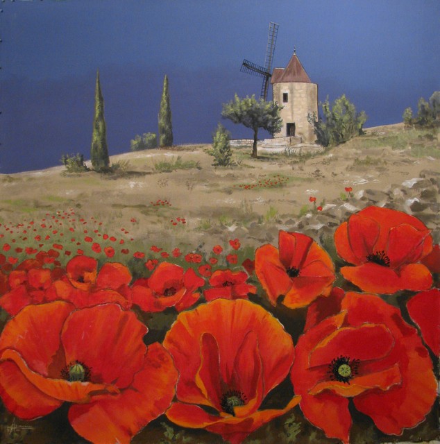 634x640 Windmill And Red Poppies In Provence, Original Large Scale - Painting Scale