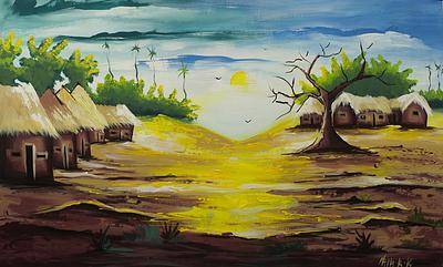 400x241 Impressionist Signed Painting Of A Village Scene From Ghana - Painting Scene