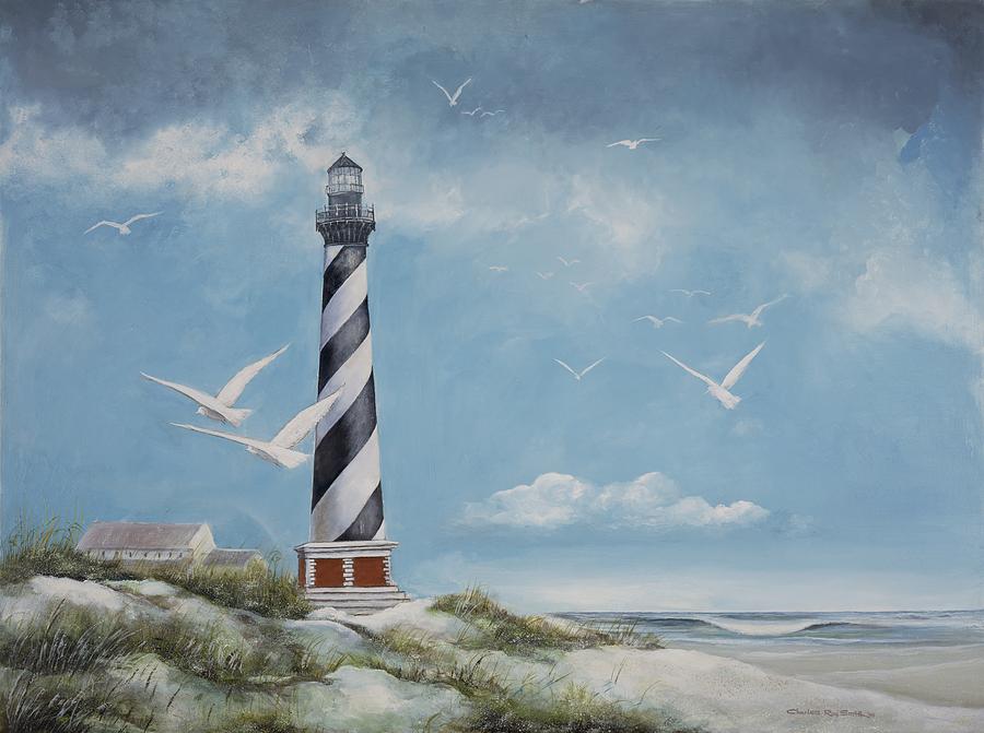 900x671 Seagulls Over Cape Hatteras Lighthouse Painting By Charles Roy Smith - Painting Seagulls